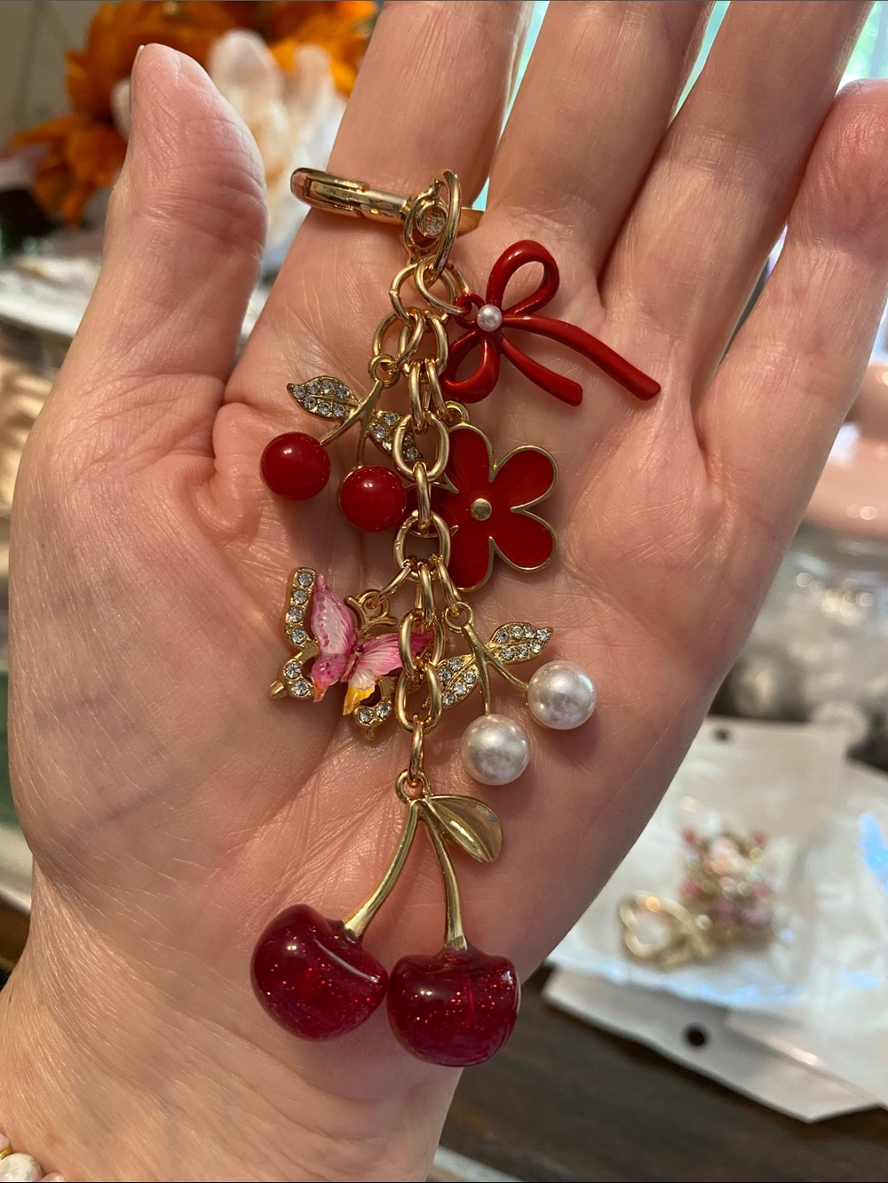 New Gold-Tone Red Cherry Purse Charm or Keychain with Pearls and Floral Accents